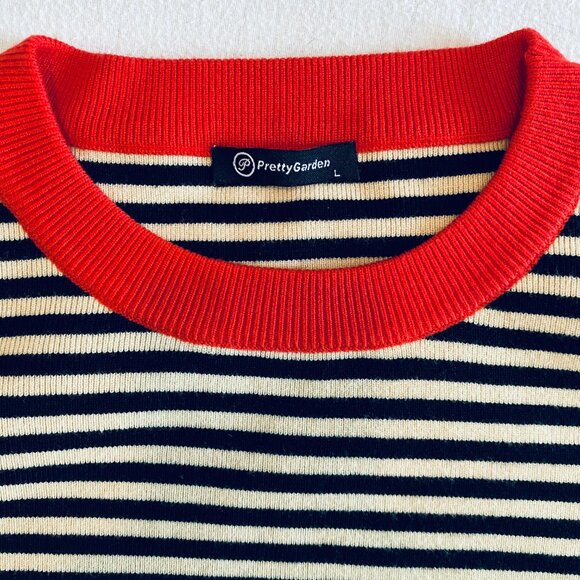 Pretty Garden striped knit skirt set Women's Large red black cream stretch - Picture 5 of 12